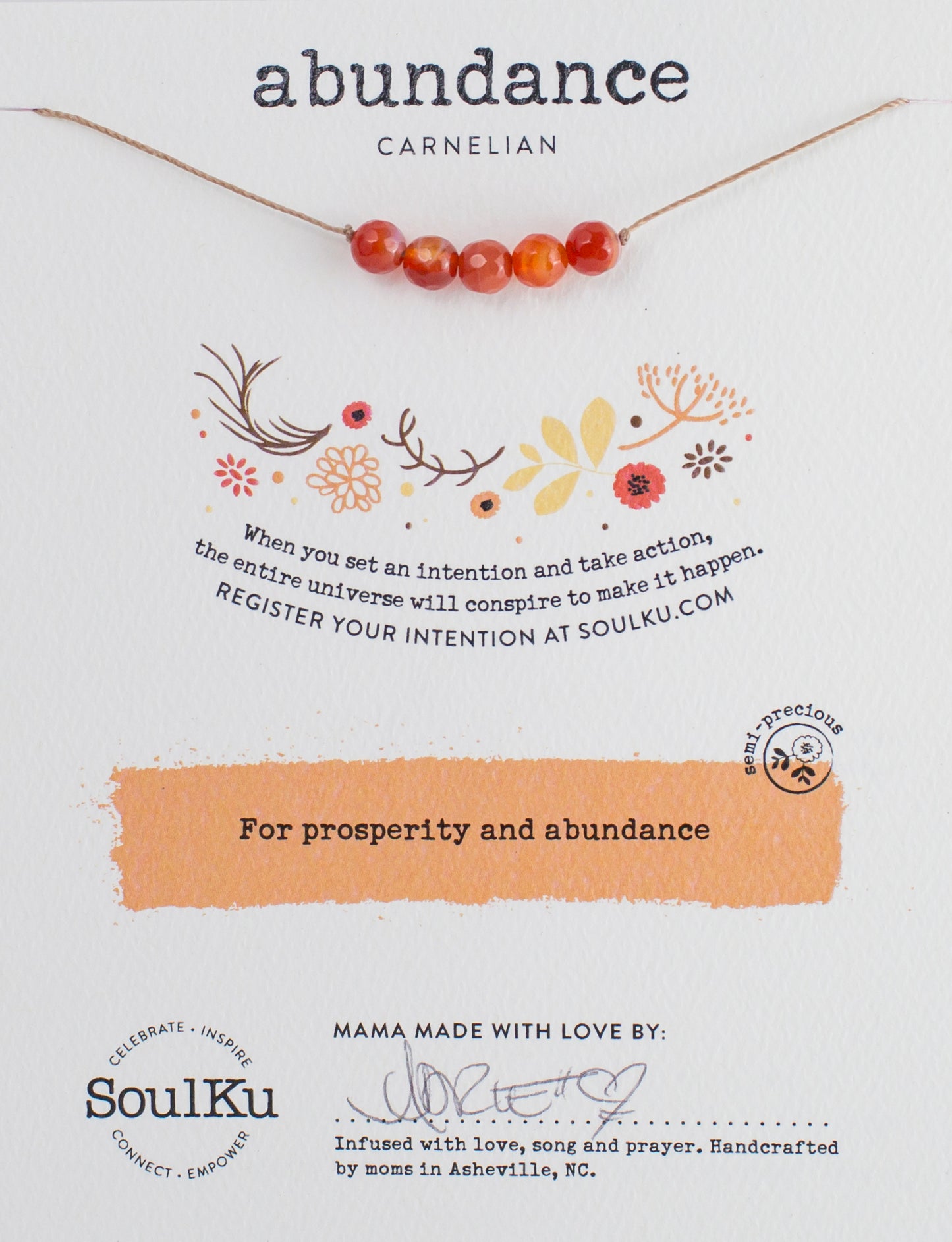 Carnelian Bead Necklace Soulku Intentions Bead Necklace adjustable nylon cord necklace semi-precious stone birthstone hand made in USA for girls women 