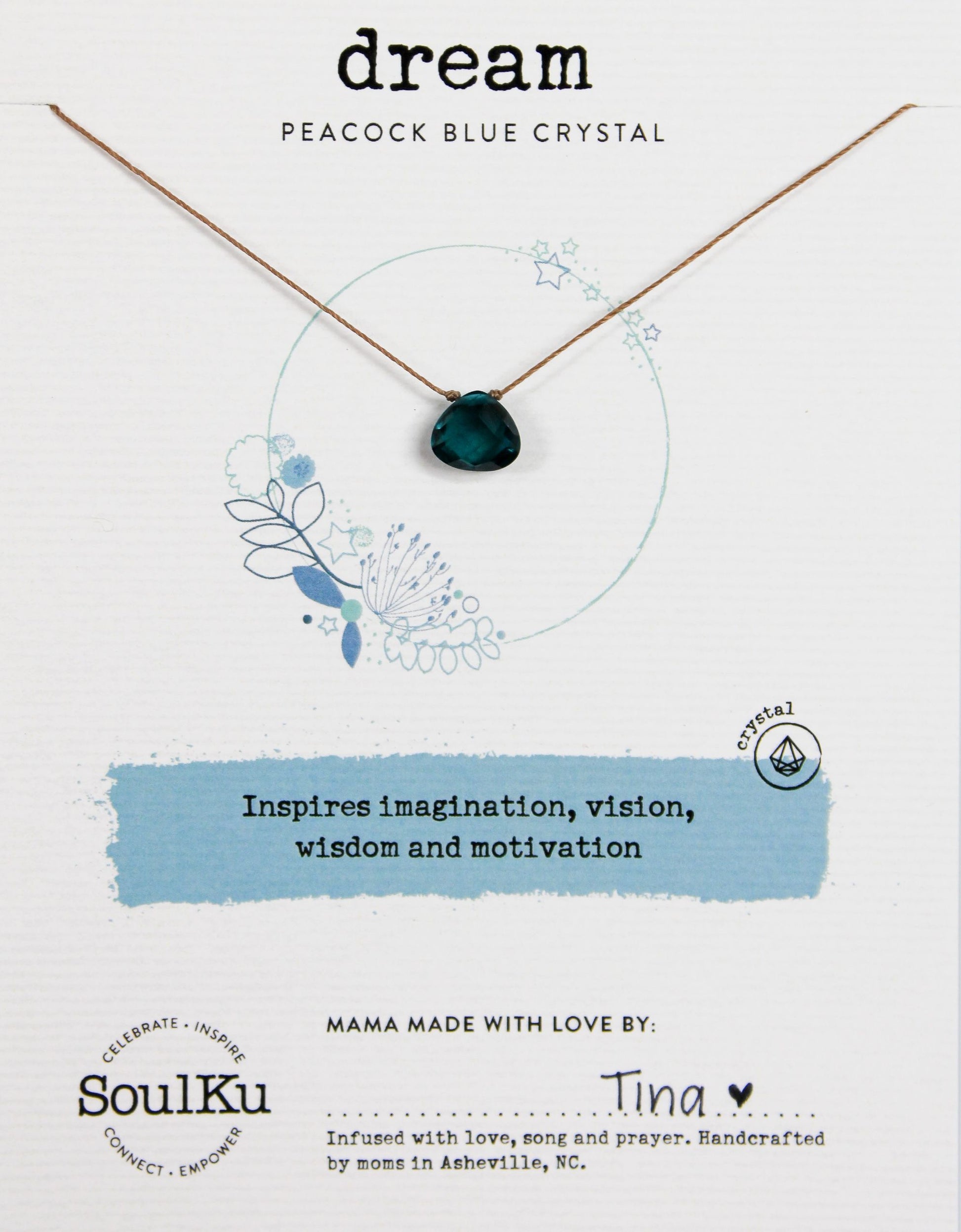 Peacock Blue Soulku Soul Shine Teardrop Necklace adjustable nylon cord necklace semi-precious stone birthstone hand made in USA for girls women 