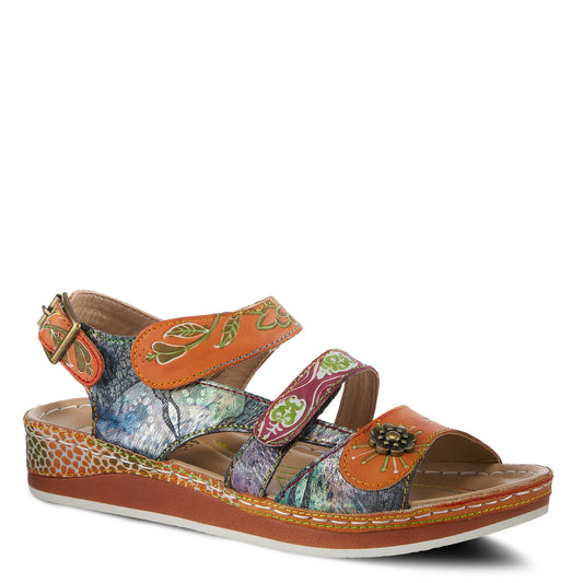 The L'Artiste Camel Sumacah Sandal is designed for all-day comfort, with an adjustable Velcro strap, 1.5" heel, and luxurious hand painted floral pattern. The color block design and metal flower button add stylish accents. Walk in comfort and style with these beautiful sandals.