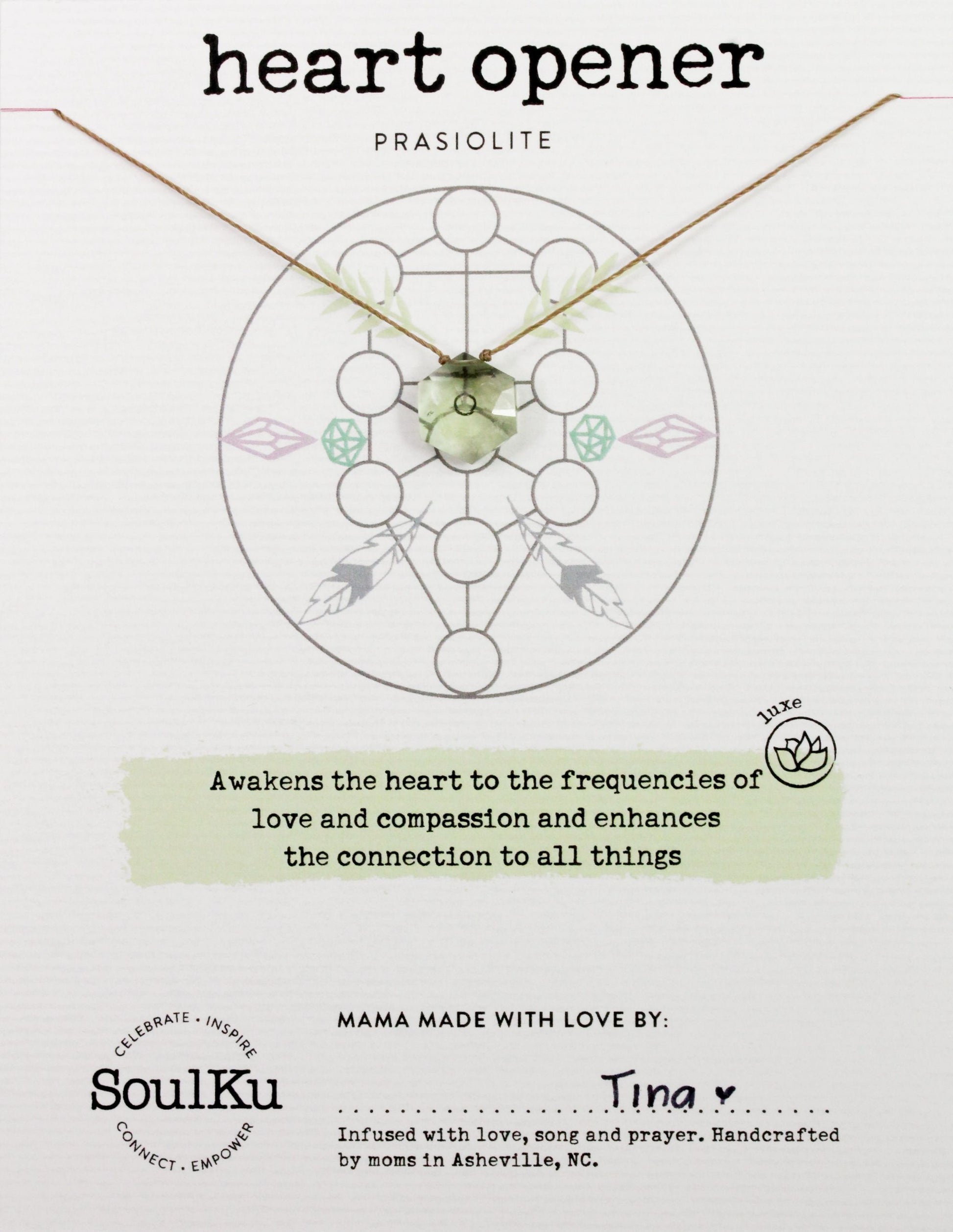 Prasiolite Soulku Sacred Geometry Necklace adjustable nylon cord necklace semi-precious stone birthstone hand made in USA for girls women 