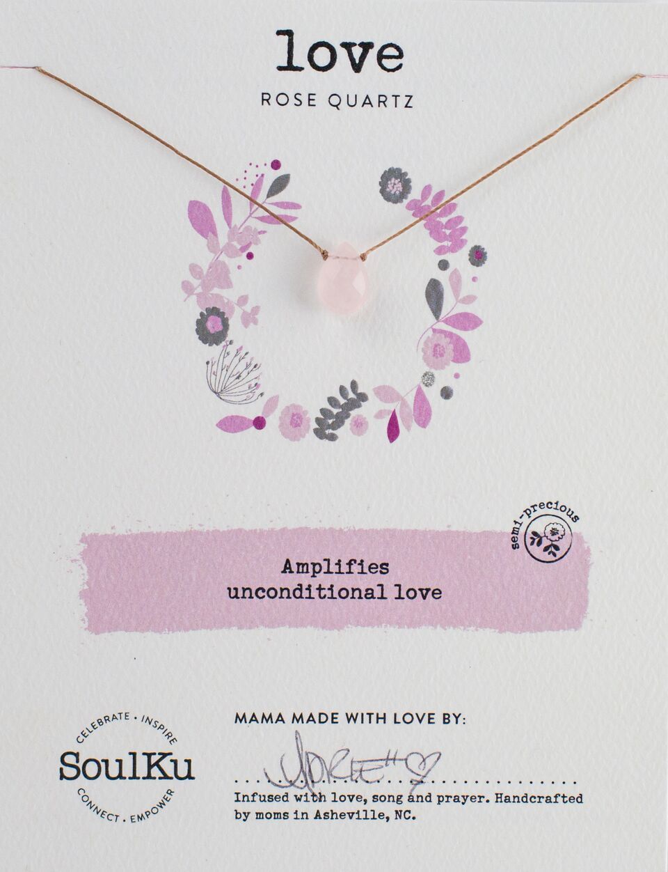 Rose Quartz Soulku Soul - Full Teardrop Necklace adjustable nylon cord necklace semi-precious stone birthstone hand made in USA for girls women 