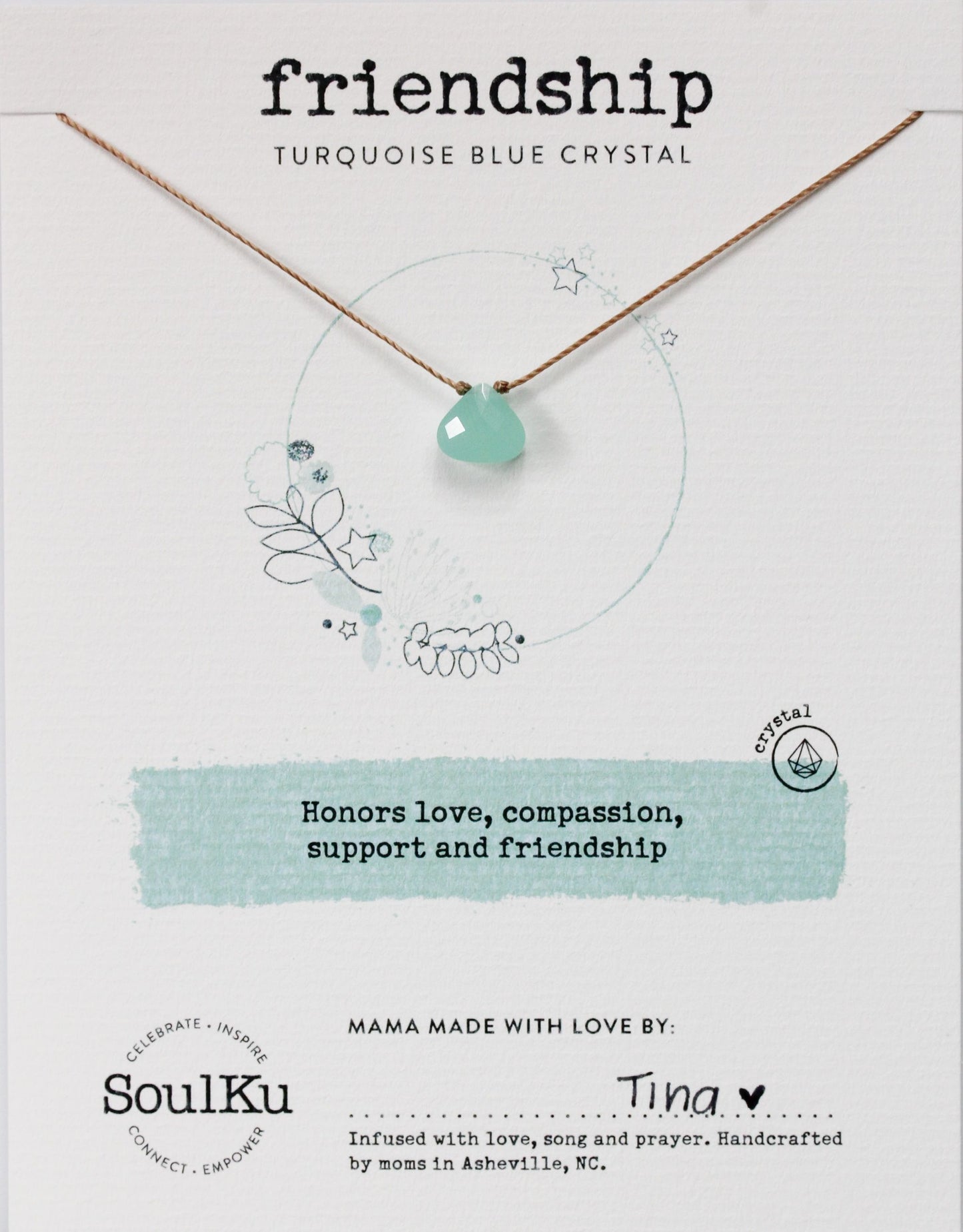 Turquoise Blue Crystal Soulku Soul Shine Teardrop Necklace adjustable nylon cord necklace semi-precious stone birthstone hand made in USA for girls women 