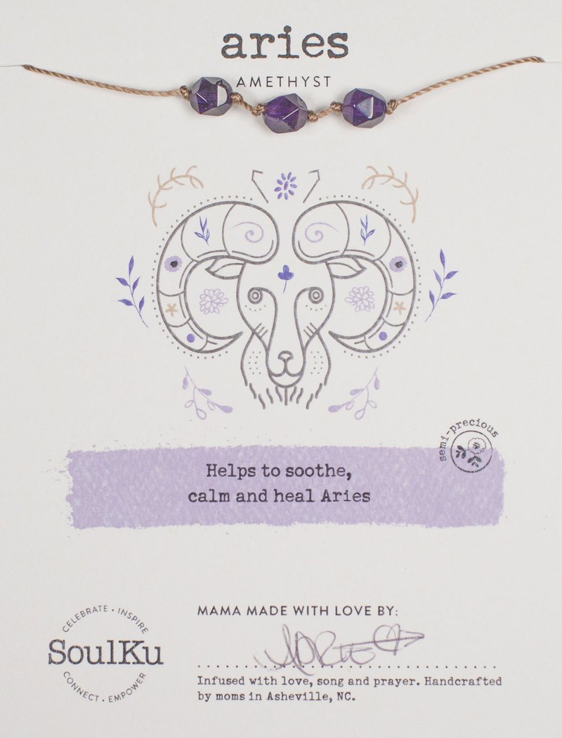 Aries Amethyst Soulku Zodiac birthstone Necklace adjustable nylon cord necklace birthstone hand made in USA for girls women 