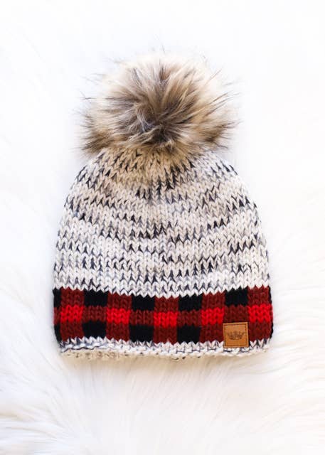 Gray Heather Pom Hat w/ Red Plaid Trim