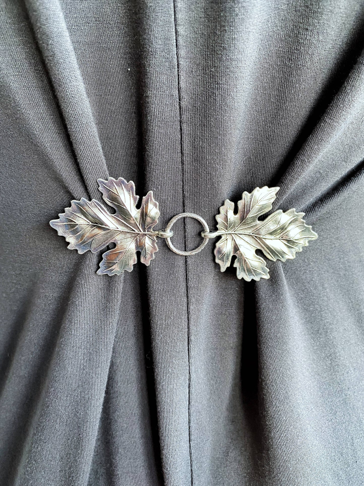 Cloak Clip - Silver Metal, Double Leaf Clothing Clasp