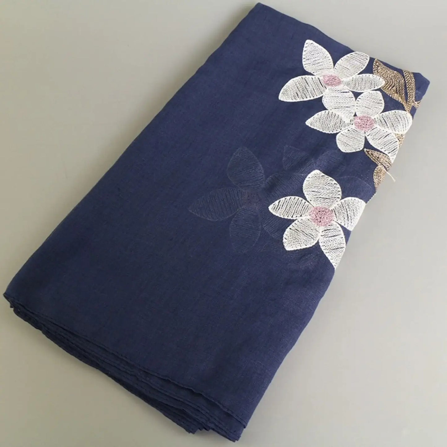 Navy Lily Embroidered Scarf