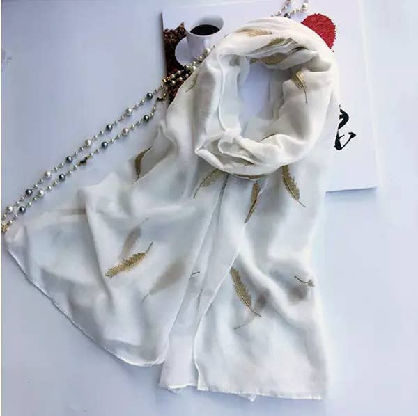 Embroidered White Feather Scarf