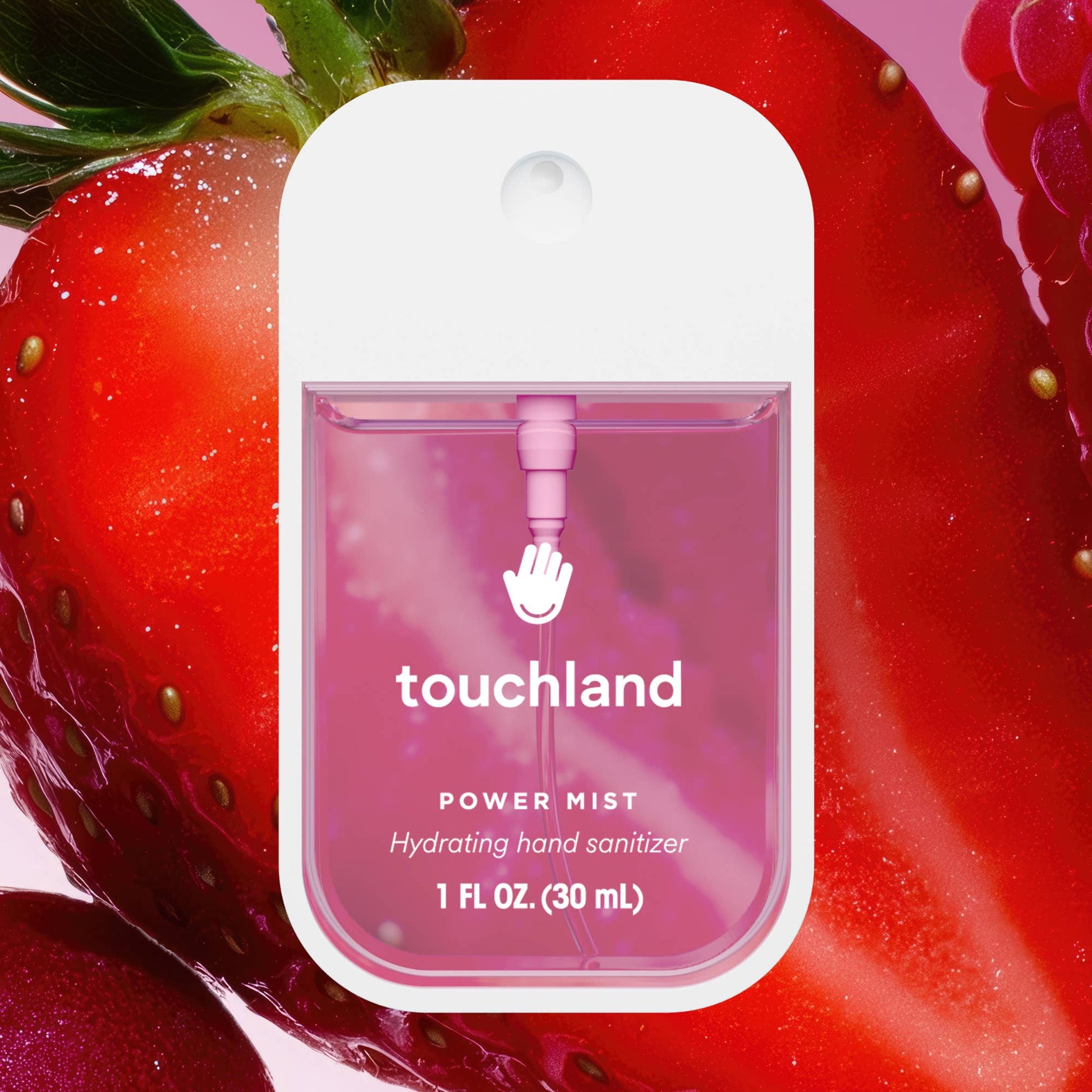 Touchland hand sanitizer packaging with strawberries in the background