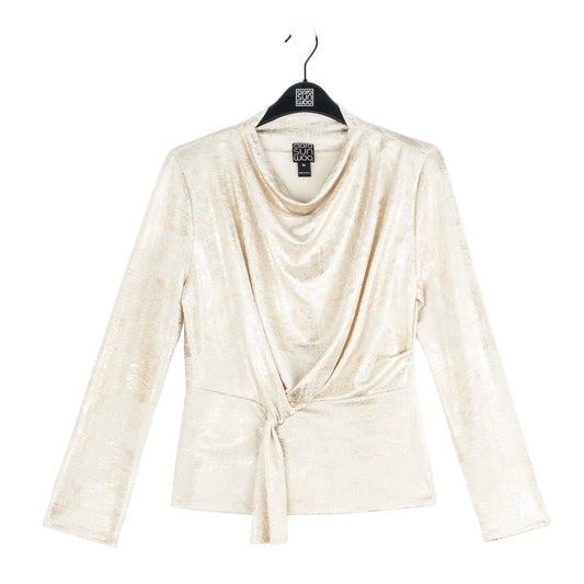 Beige long-sleeve top on a hanger with a white background