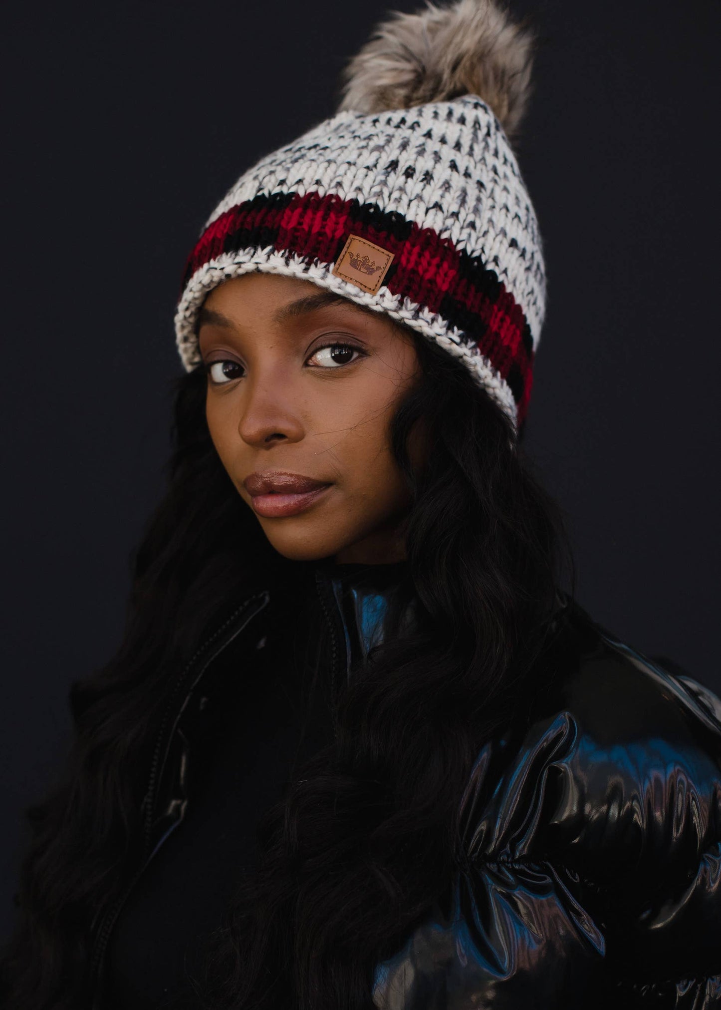 Gray Heather Pom Hat w/ Red Plaid Trim