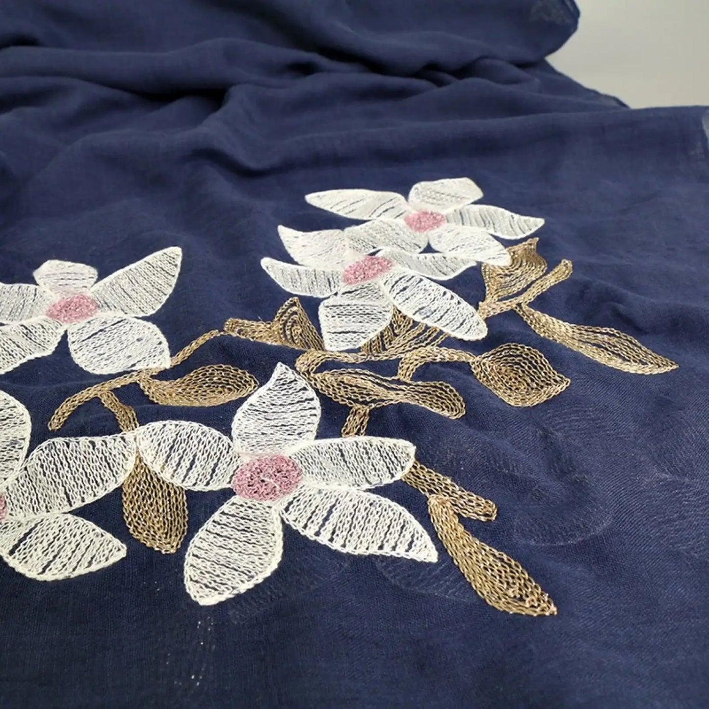 Navy Lily Embroidered Scarf