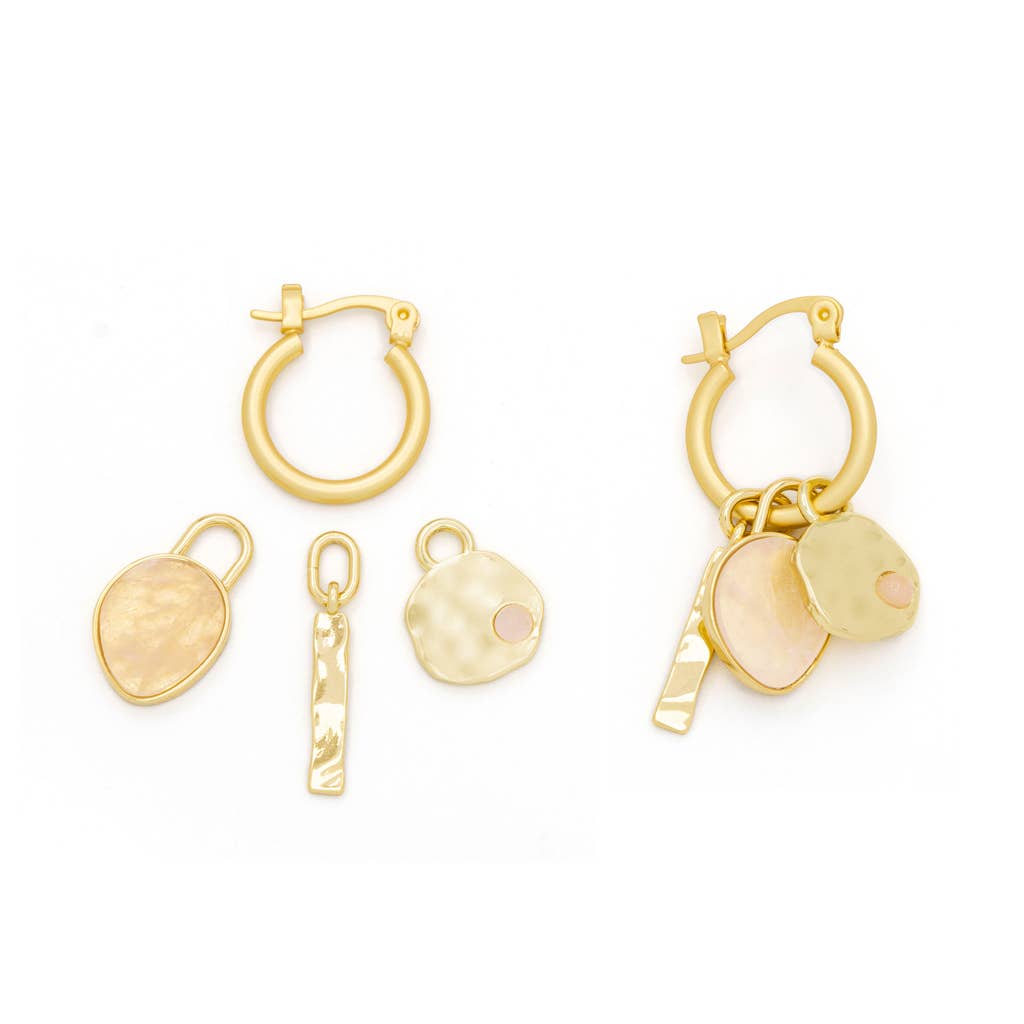 Interchangeable Charm Earring - Rose Quartz/Love/Gold