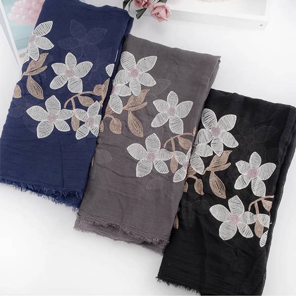 Embroidered Black Lily Scarf