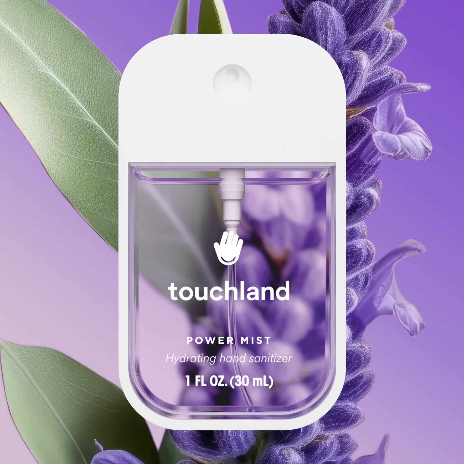 Touchland power mist hand sanitizer with lavender flowers and leaves on a purple background