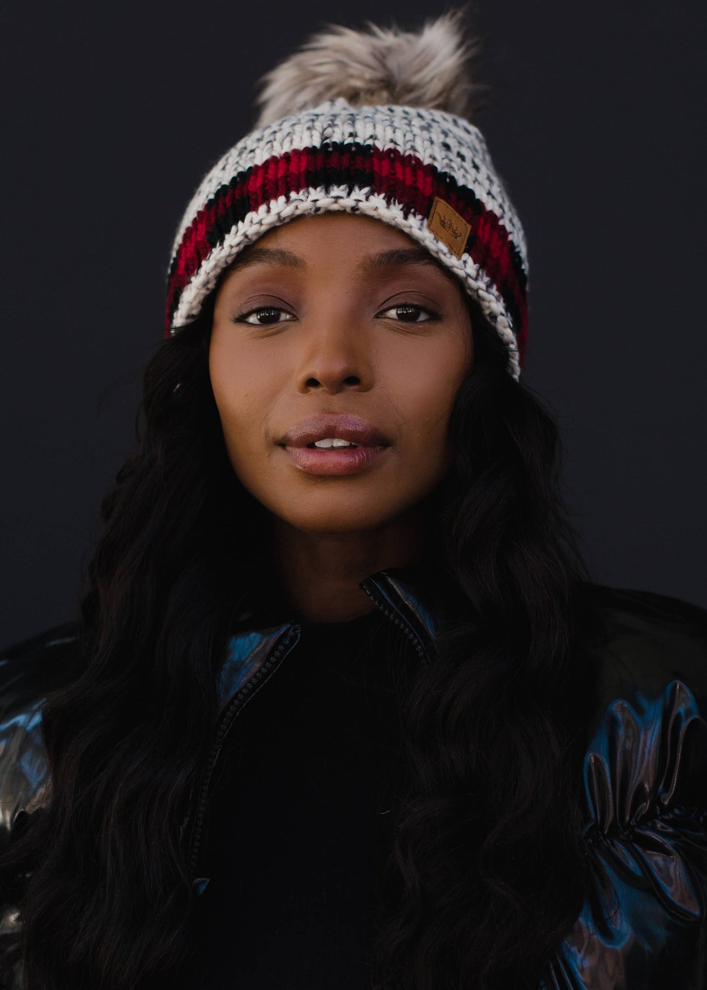 Gray Heather Pom Hat w/ Red Plaid Trim