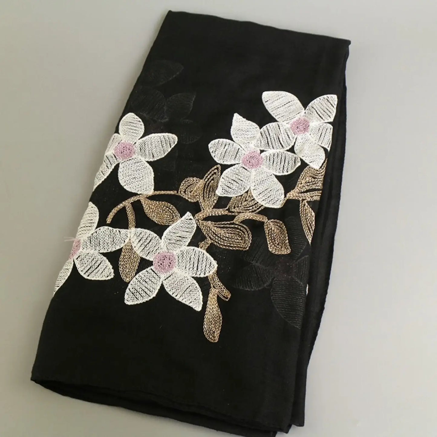 Embroidered Black Lily Scarf