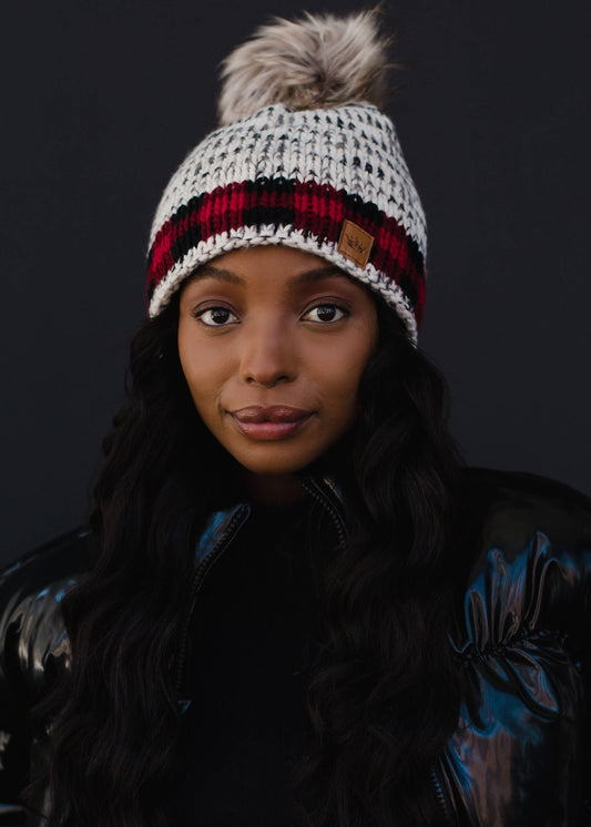 Gray Heather Pom Hat w/ Red Plaid Trim