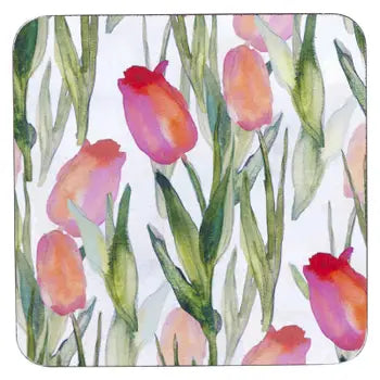 This set of 4 Pink Tulips Coasters is made from scratch-resistant, cork-backed material that can withstand temperatures up to 225 degrees. A great Spring time coaster for entertaining guests, this 4 inch coaster set is easy to wipe clean after use and come gift-boxed, making them a perfect present.