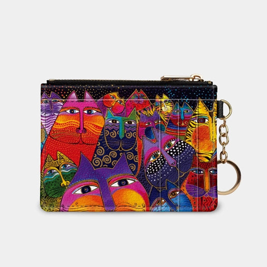 RFID Credit Card Wallet  with zipper pouch and gold tone key chain. Vibrant multi-color cat faces looking adorable print on vegan leather. Size 5 inches by 3 1/4 inches