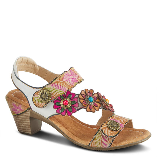 The Aromas Sandal by L'Artiste features embossed 3D florals cross your foot with a charming array of cheerful colors. This sling back shoe features an adjustable hook and loop Velcro strap at the ankle, leather upper, and a 2.5 inch decorated heal.