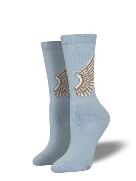Light blue sock with beige and white angel wings above ankle. Support your Feet Outdoors  Enjoy all the outdoor activities you love. Take care of your feet in these thick socks for hiking, skating and more! Athletic rib on leg, cushioned heel and footbed, and arch support.  82% Cotton, 16% nylon, 2% spandex  Fits women's shoe size 5 - 10.5 
