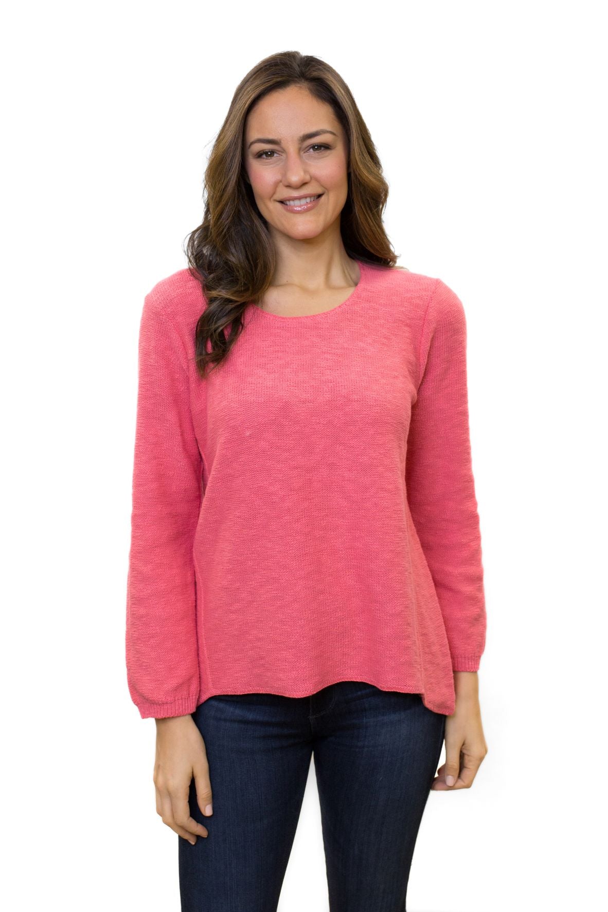 Coral Color. 100% cotton slub sweater by Avalin. This versatile sweater has long sleeves, crew neck, and high low hem that falls nicely to cover hips and derriere.