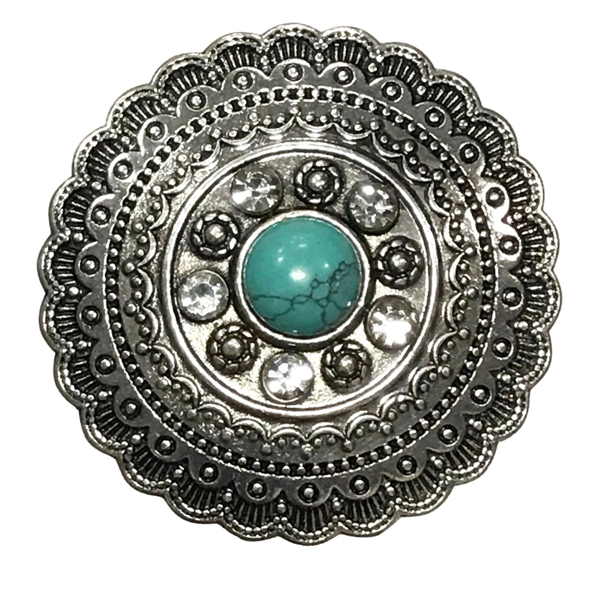 Faux Turquoise bead center in mandala setting. Magnetic Brooch for Scarves Artistic Sculptural shapes add a personality to absolutely anything you wish to put your stamp on! The Super Strong Magnet is enough for a jacket lapel! Use to hold a sarong or cardigan together.  Great to adorn a hat or to hold a scarf in place with Fabric Safe Magnet.