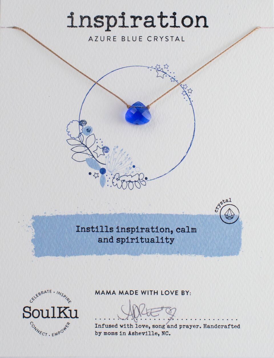 Azure Blue Soulku Soul Shine Teardrop Necklace adjustable nylon cord necklace semi-precious stone birthstone hand made in USA for girls women 