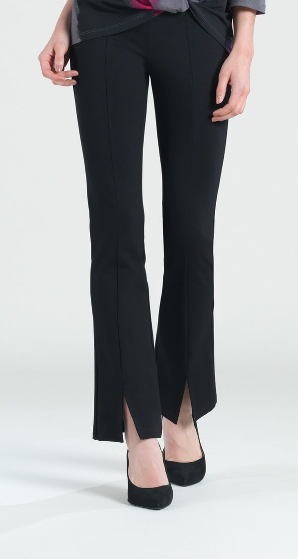 Black Ponte Center Seam Pant. Sassy Slit Front Designed  with three things in mind: Perfect Fit, Fashion & Comfort! These ankle pants are stylish, soft,  and stretchy. The Poly/Rayon/Spandex blend is Wrinkle Free, Washable and always travel friendly.    29" Inseam.  Made in New York, USA!