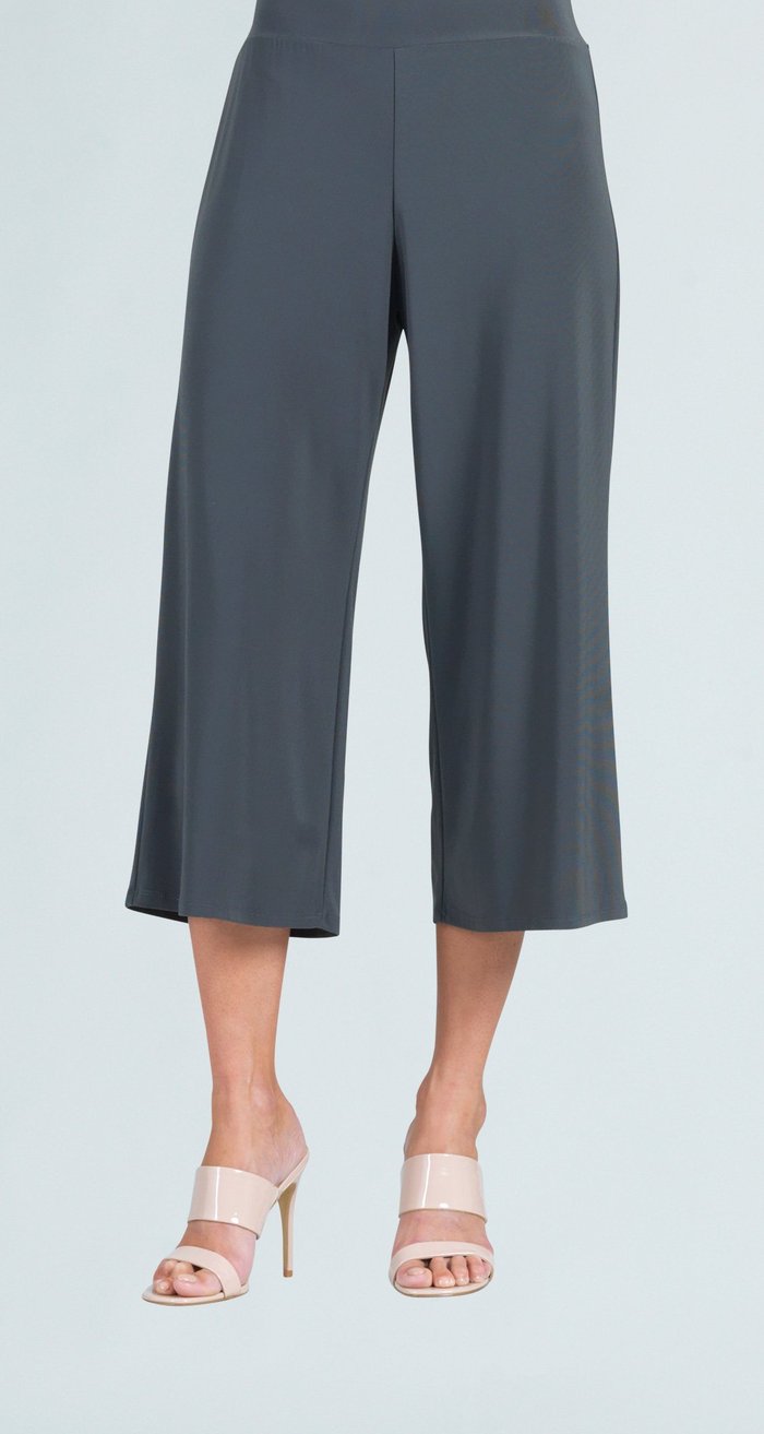 Color charcoal Gaucho Pant. Modern Pull-On Gaucho Pant   Clara Sunwoo soft knit gaucho pant features a flattering wide-leg cropped hem and 3” pull-on soft waistband, calf-length pants designed to naturally flow against the body.   ﻿Made in USA.