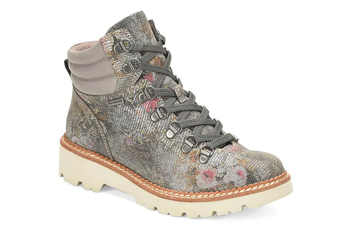 Floral Waterproof Boot Top Mount Major and enjoy the view! These waterproof, grey floral, sturdy, lace up hiking boot with adequate tread for the terrain.  By Sofft.