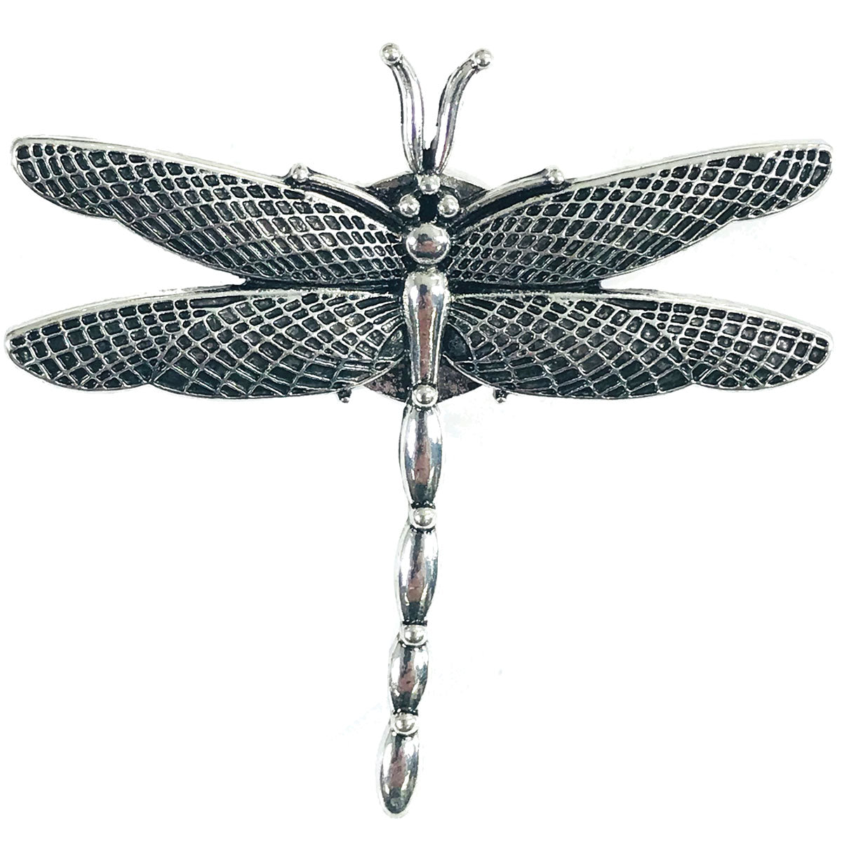 Silver Dragonfly seen as seen from above. Magnetic Brooch for Scarves Artistic Sculptural shapes add a personality to absolutely anything you wish to put your stamp on! The Super Strong Magnet is enough for a jacket lapel! Use to hold a sarong or cardigan together.  Great to adorn a hat or to hold a scarf in place with Fabric Safe Magnet.
