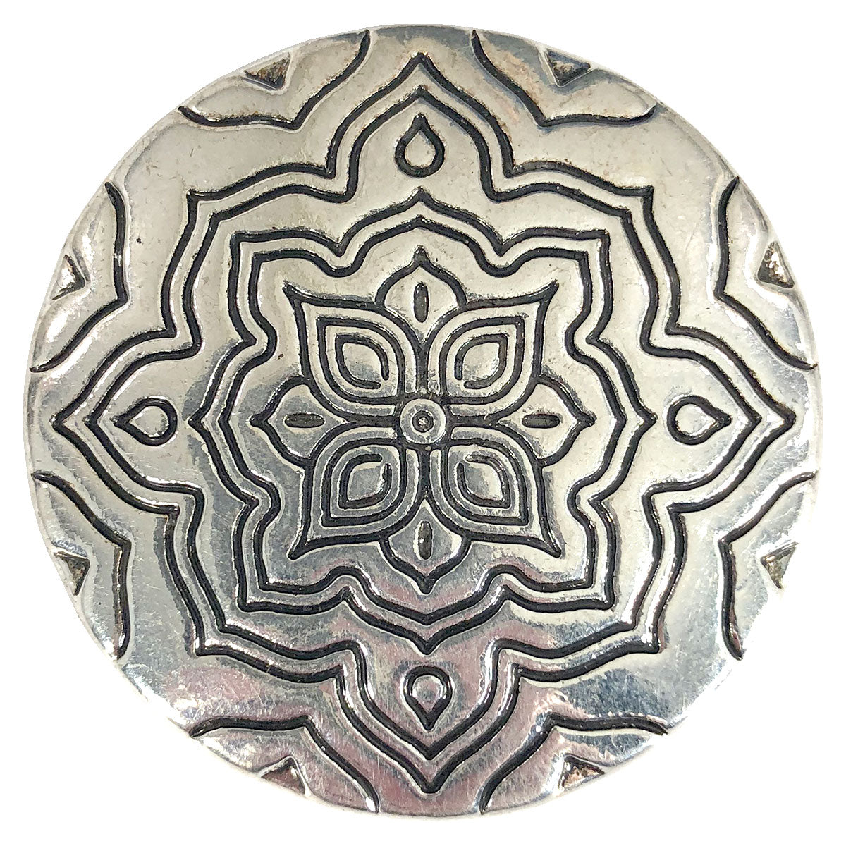 Floral etched round. Magnetic Brooch for Scarves Artistic Sculptural shapes add a personality to absolutely anything you wish to put your stamp on! The Super Strong Magnet is enough for a jacket lapel! Use to hold a sarong or cardigan together.  Great to adorn a hat or to hold a scarf in place with Fabric Safe Magnet.