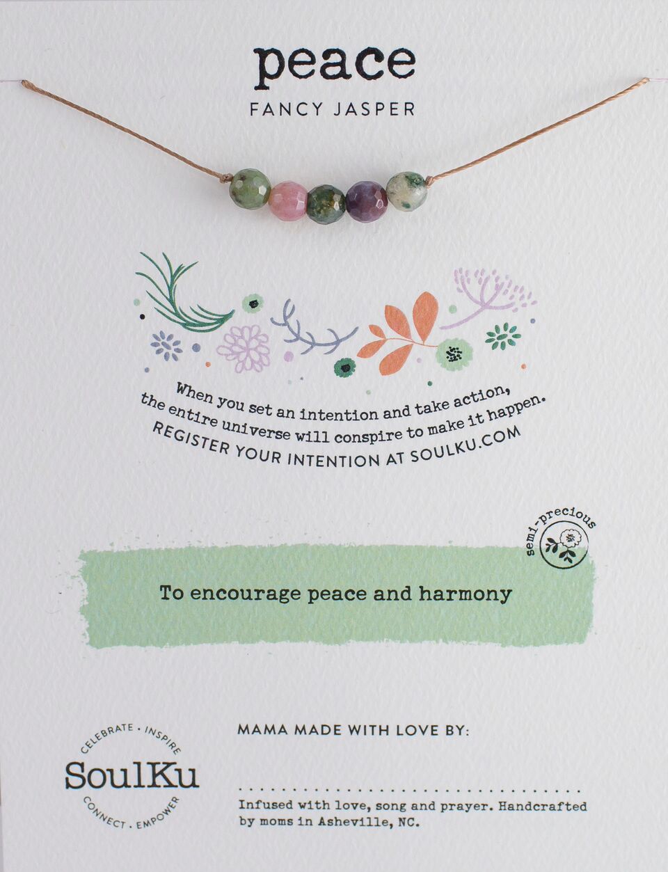 Fancy Jasper Bead Necklace Soulku Intentions Bead Necklace adjustable nylon cord necklace semi-precious stone birthstone hand made in USA for girls women 