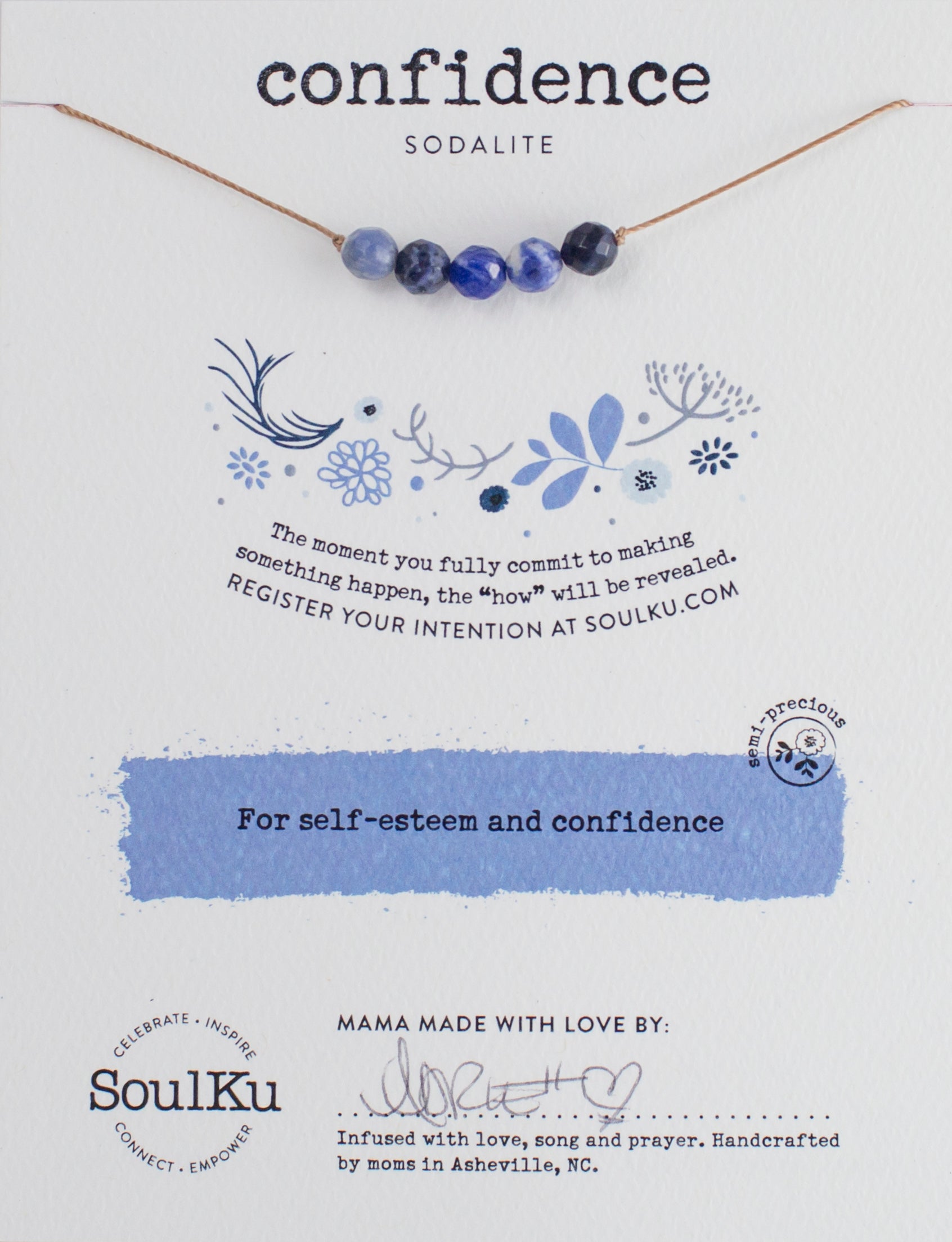 Sodalite Bead Necklace Soulku Intentions Bead Necklace adjustable nylon cord necklace semi-precious stone birthstone hand made in USA for girls women 