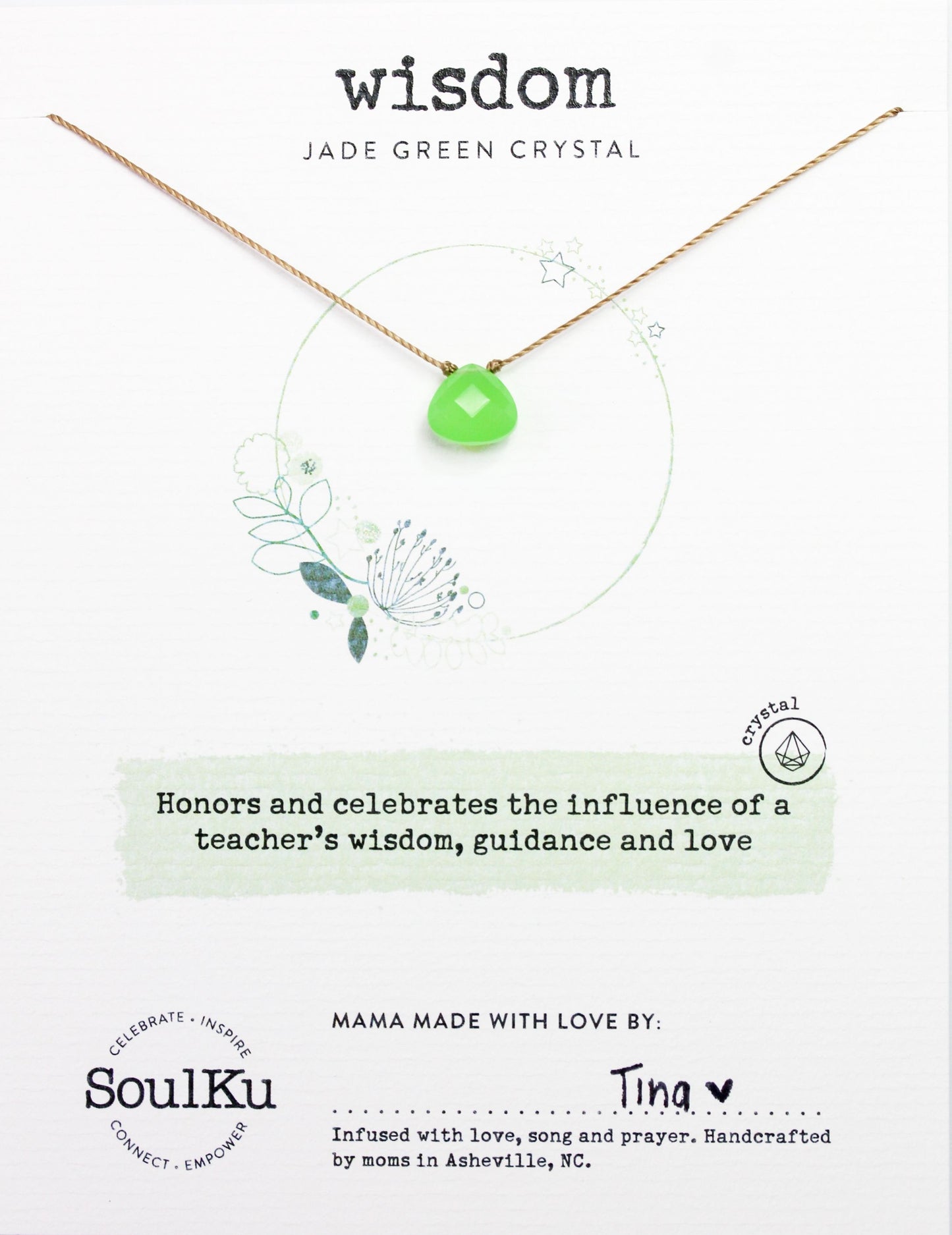 Jade Green Soulku Soul Shine Teardrop Necklace adjustable nylon cord necklace semi-precious stone birthstone hand made in USA for girls women 