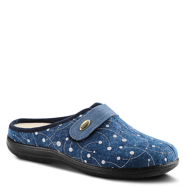 Cozy slip-on felt slippers with padded ergonomic sole. True Blue with shooting silver dots. 