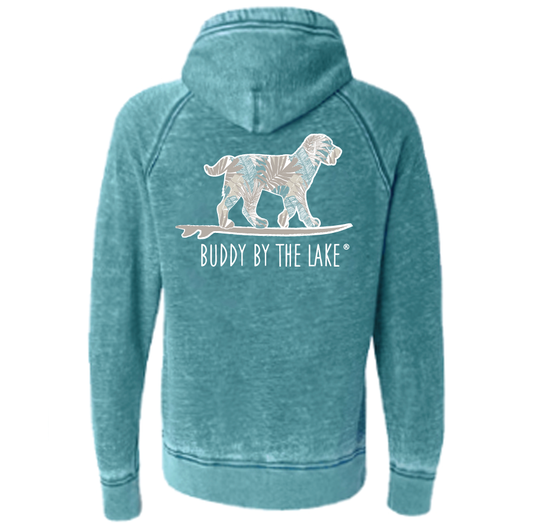 Buddy by the Lake  Soft, distressed cotton blend hooded sweatshirt whose reason for being is to help US Veterans get service dogs.   Imported.