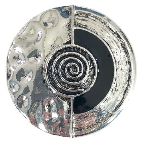 Swirl in center, hammered silver on right half, black enamel with etched border. Magnetic Brooch for Scarves Artistic Sculptural shapes add a personality to absolutely anything you wish to put your stamp on! The Super Strong Magnet is enough for a jacket lapel! Use to hold a sarong or cardigan together.  Great to adorn a hat or to hold a scarf in place with Fabric Safe Magnet.