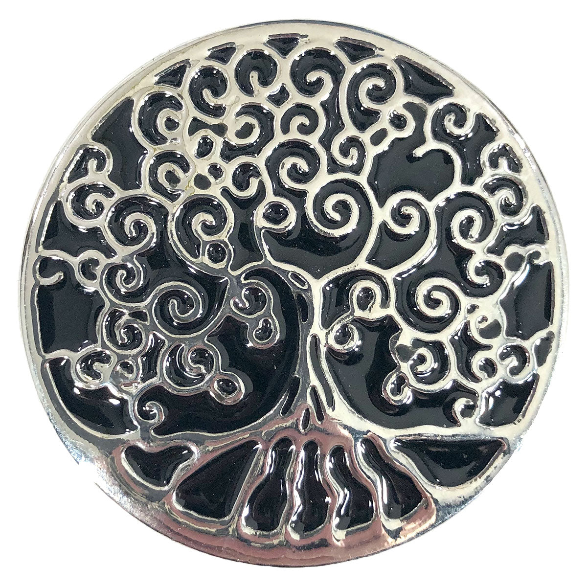 Silver tree of life over black enamel. Magnetic Brooch for Scarves Artistic Sculptural shapes add a personality to absolutely anything you wish to put your stamp on! The Super Strong Magnet is enough for a jacket lapel! Use to hold a sarong or cardigan together.  Great to adorn a hat or to hold a scarf in place with Fabric Safe Magnet.