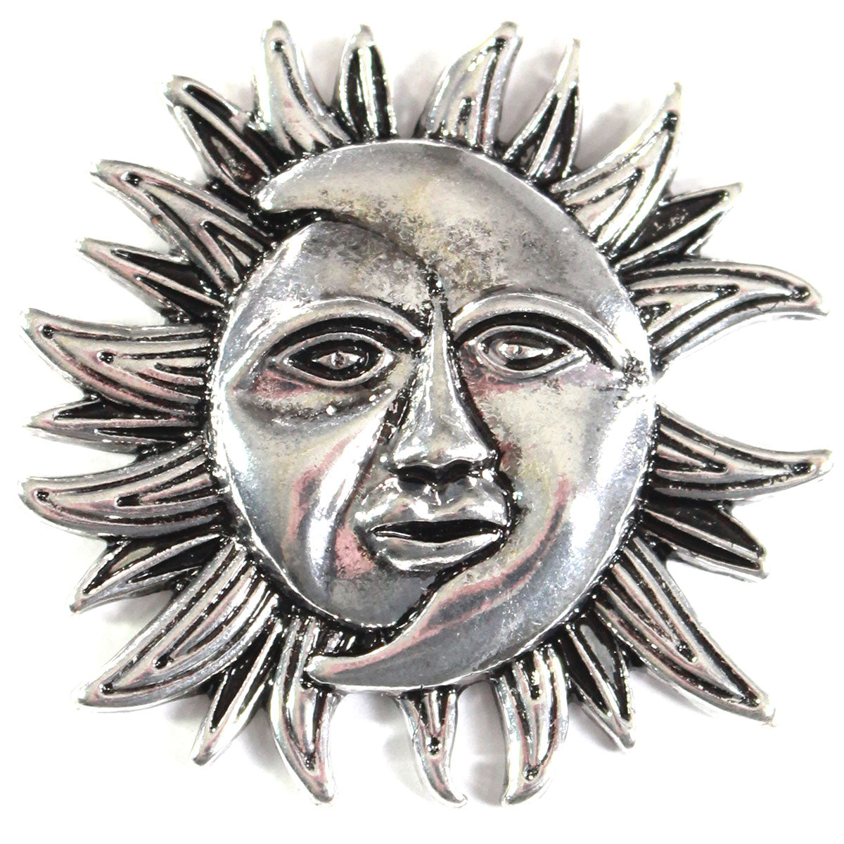 Silver half sun, half moon. Magnetic Brooch for Scarves Artistic Sculptural shapes add a personality to absolutely anything you wish to put your stamp on! The Super Strong Magnet is enough for a jacket lapel! Use to hold a sarong or cardigan together.  Great to adorn a hat or to hold a scarf in place with Fabric Safe Magnet.