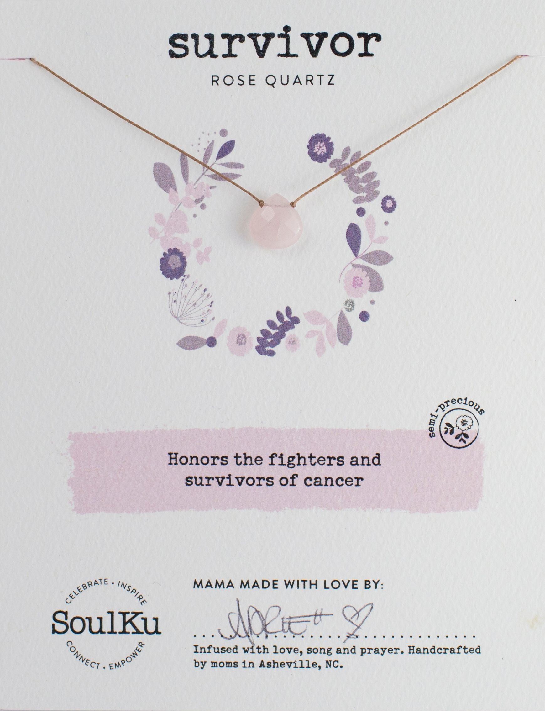 Rose Quartz Soulku Soul - Full Teardrop Necklace adjustable nylon cord necklace semi-precious stone birthstone hand made in USA for girls women 