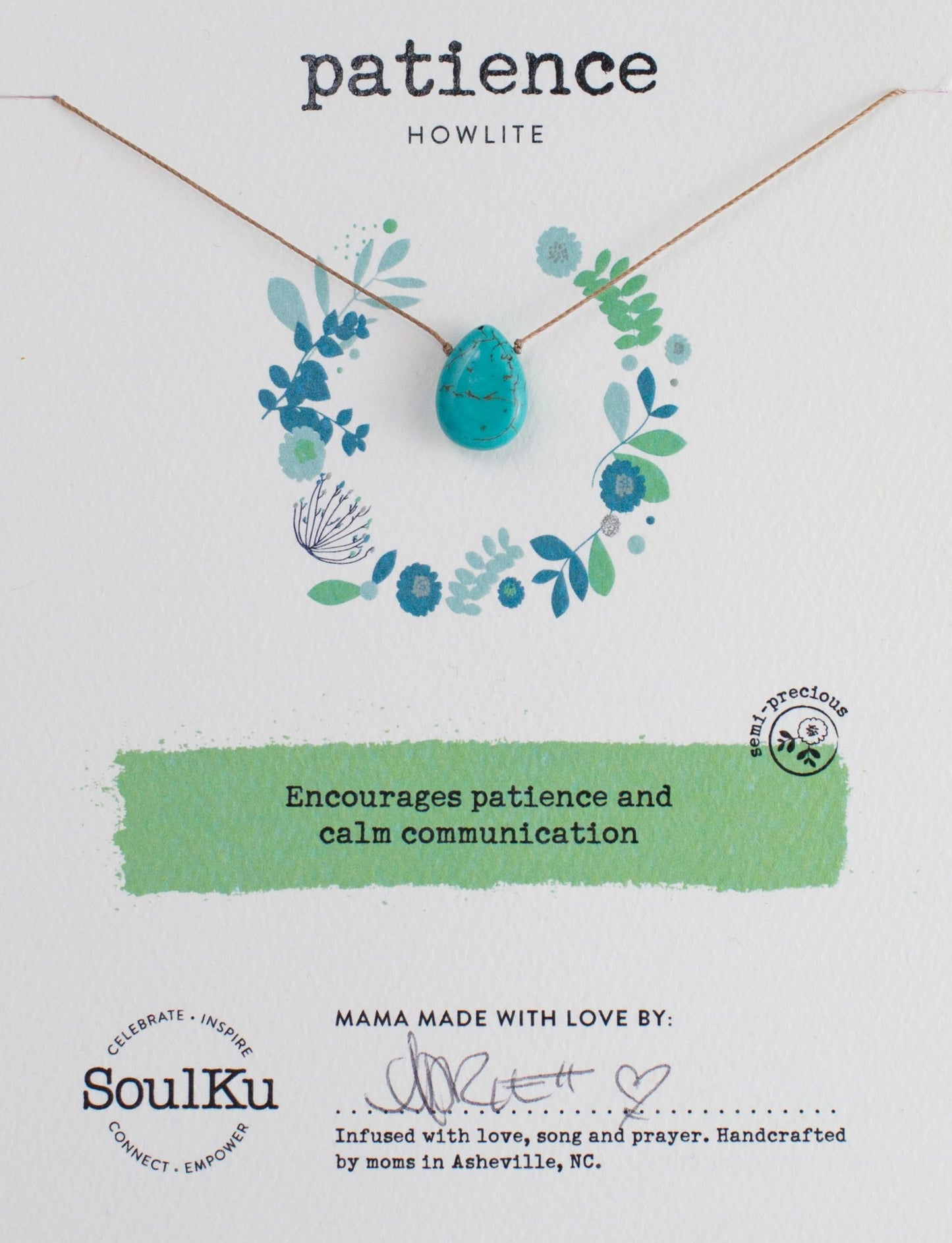 Howlite Soulku Soul - Full Teardrop Necklace adjustable nylon cord necklace semi-precious stone birthstone hand made in USA for girls women 
