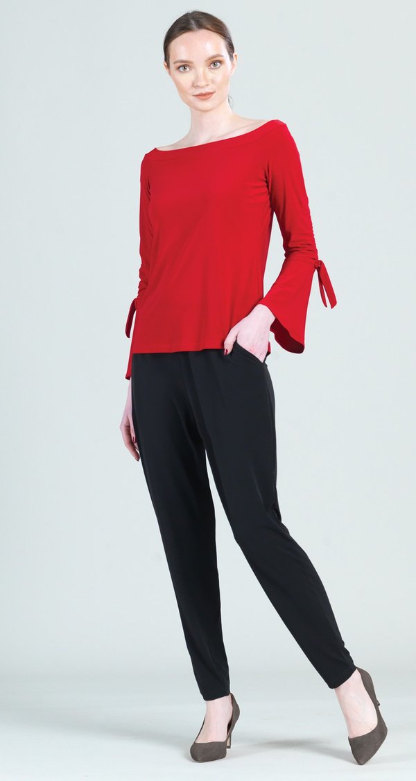 Red Cross Shoulder Top. Clara Sunwoo beautifully red, long sleeve boat neck top with ruched bell sleeve with tie detail.   70% Polyester, 20% Rayon, 10% Spandex  Made in USA.