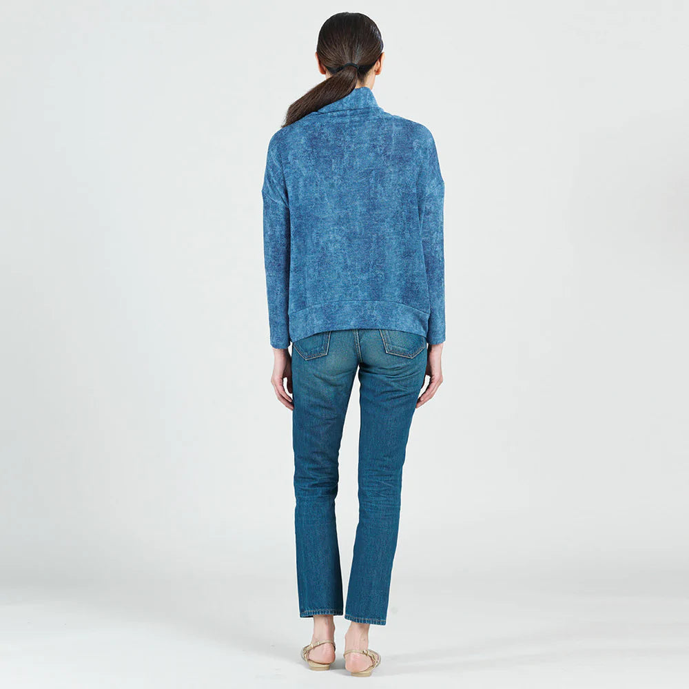 Cozy cowl neck sweater in easy going denim print by Clara Sunwoo. Lightweight, jersey knit with seemed hemline and long sleeves. Travel friendly. Hand wash cold / Hang to dry.  Made in USA
