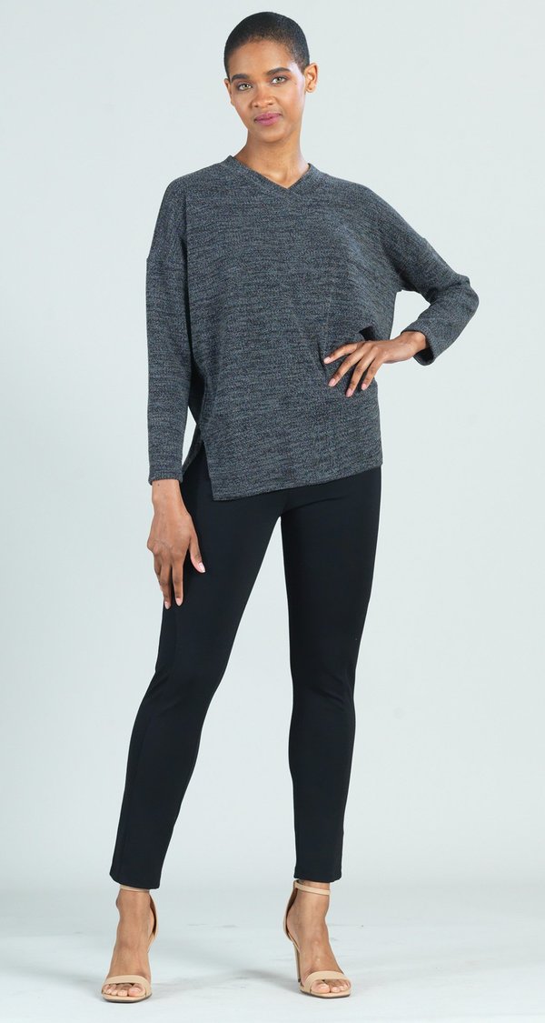 Color smoke. Classic V Neck Sweater. Clara Sunwoo Waffle Knit V-Neck Hi-Low Sweater Top is sure to keep you cozy this winter! This long sleeve sweater top features a hi-low hem with a seamed waistline.  70% Polyester, 20% Rayon, 10% Spandex  Made in USA
