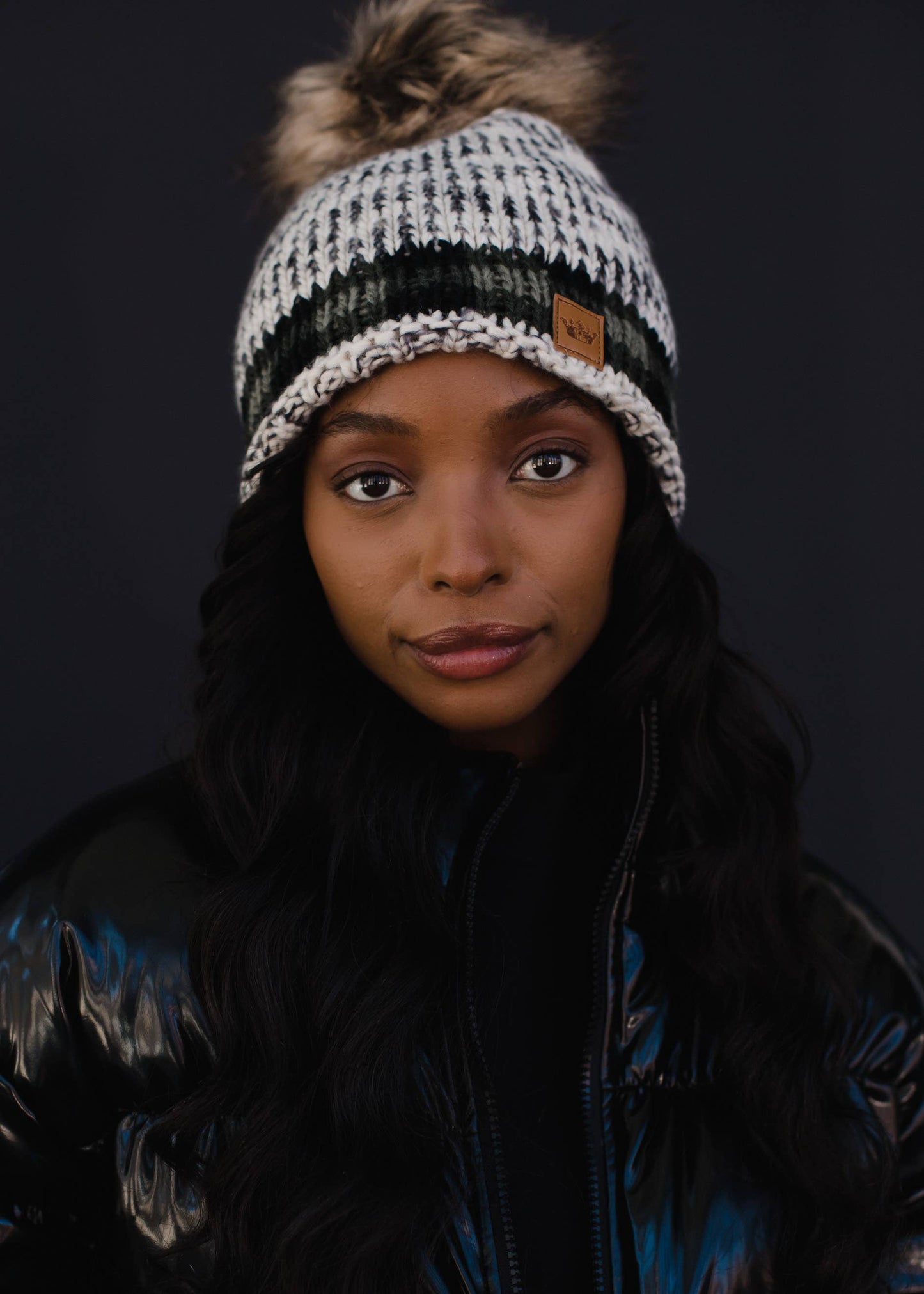 Gray Heather Pom Hat w/ Green Plaid Trim