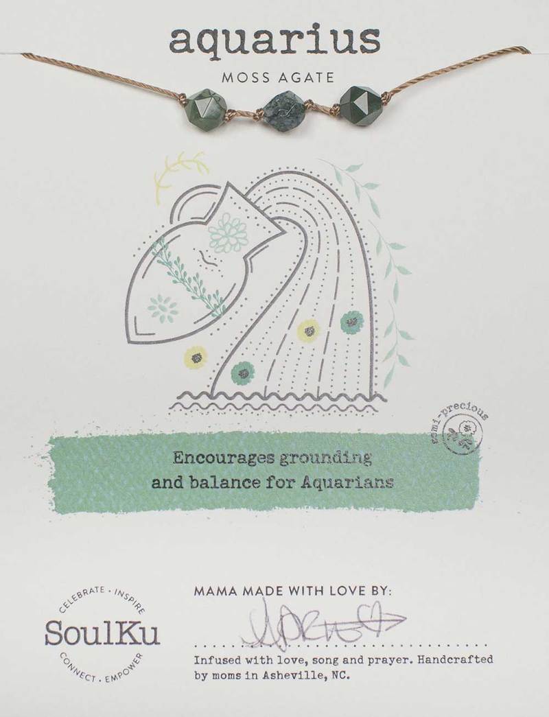 Aquarius Moss Agate Soulku Zodiac birthstone Necklace adjustable nylon cord necklace birthstone hand made in USA for girls women 