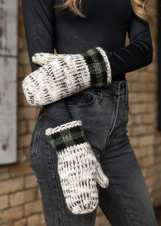 Grey Heather Mittens w/ Green Plaid Trim