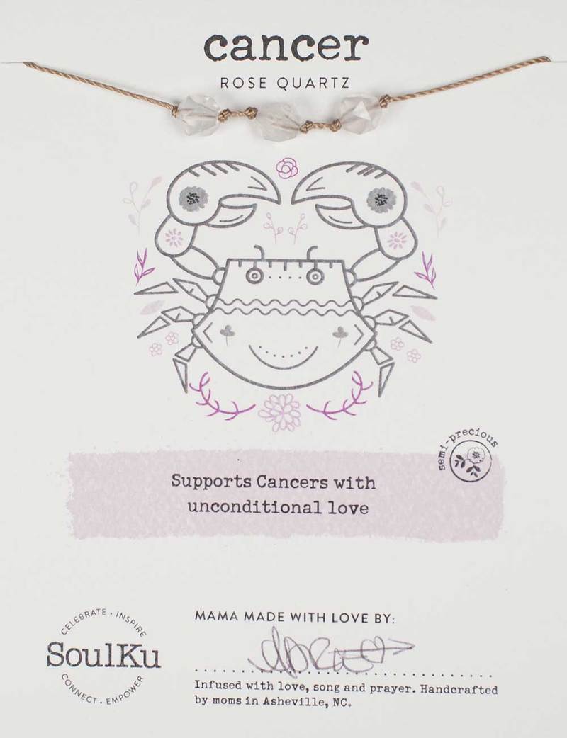 Cancer Rose Quartz Soulku Zodiac birthstone Necklace adjustable nylon cord necklace birthstone hand made in USA for girls women 